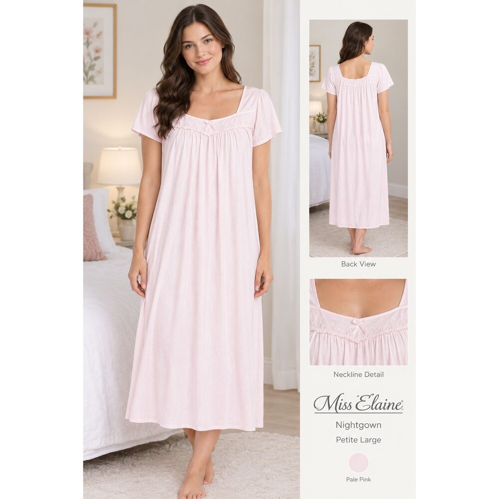 Miss Elaine Pale Pink Nightgown PLarge Embroidery Bow Flutter Sleeve Pullover